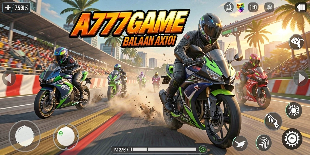 Tangkapan layar gameplay A777GAME yang menunjukkan aksi balapan motor.