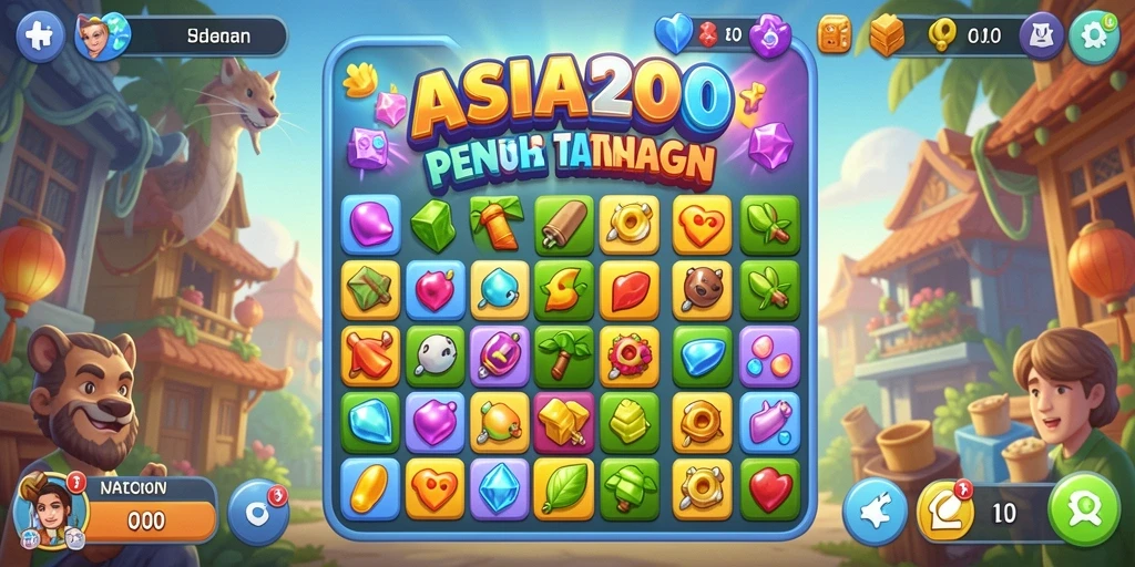 Screenshot ASIA200 menunjukkan gameplay Match-3 yang seru dan penuh warna.