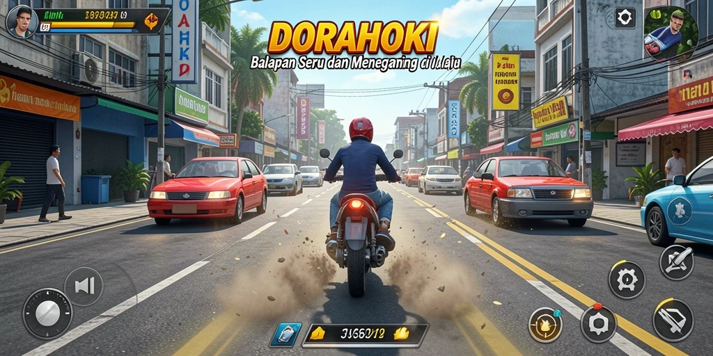 Screenshot gameplay menampilkan aksi balap seru di DORAHOKI.