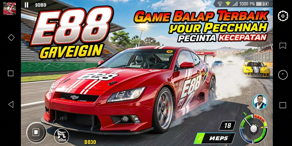 Tangkapan layar gameplay E88 menampilkan mobil balap melaju cepat di lintasan menantang.