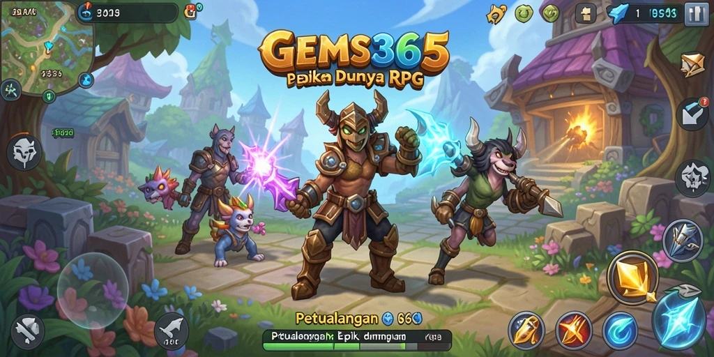 Screenshot GEMS365 menampilkan pertarungan epik dalam RPG.