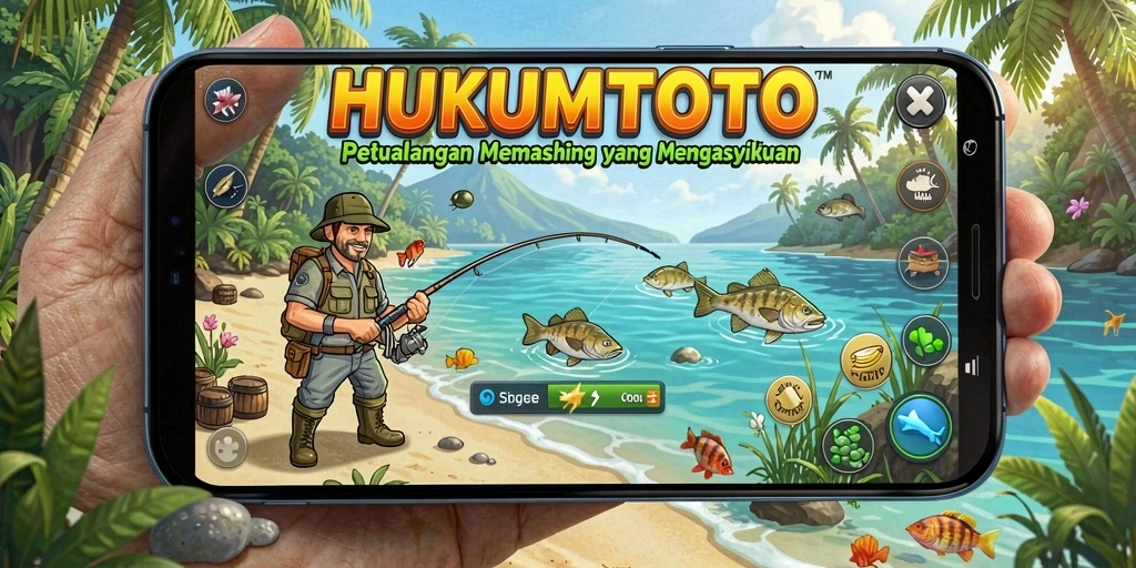 Gameplay HUKUMTOTO menampilkan aksi memancing yang seru dan interaktif.
