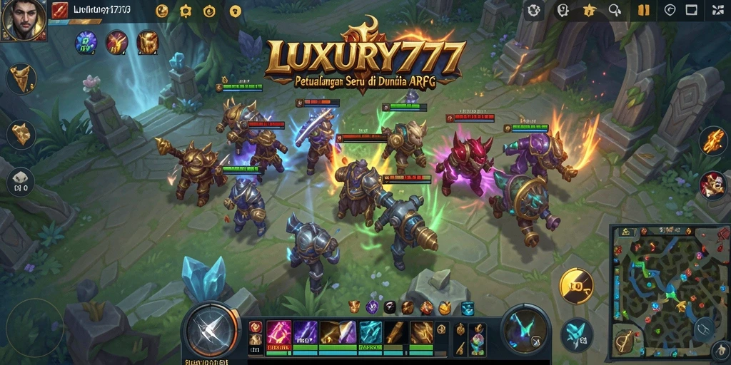 Screenshot gameplay LUXURY777 menampilkan pertarungan epik di dunia fantasi.