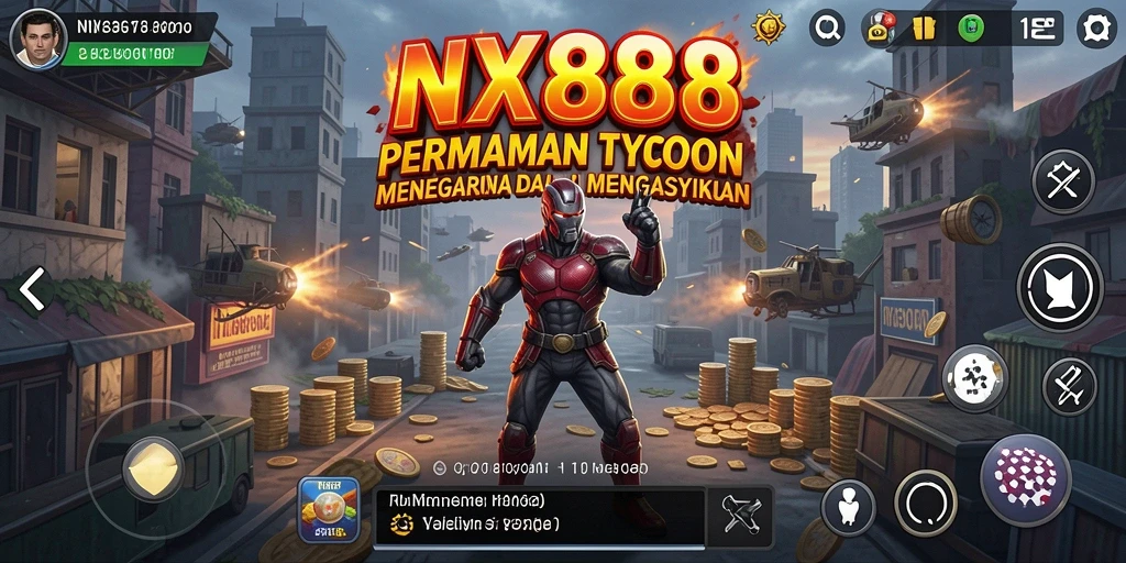 Screenshot gameplay NX888 menunjukkan interaksi bisnis yang dinamis dan seru.