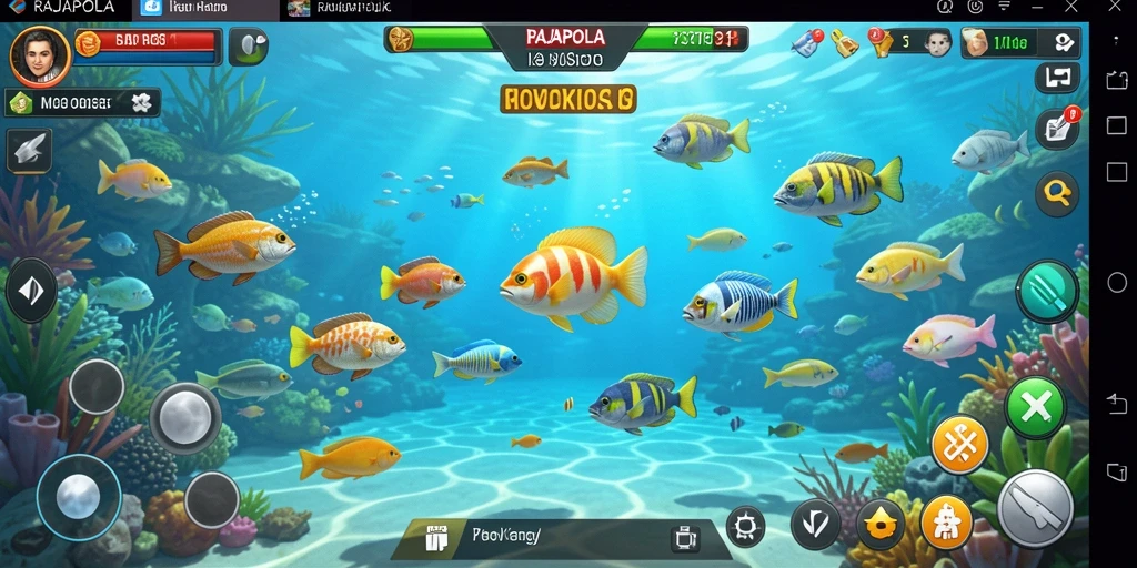 Screenshot gameplay RAJAPOLA dengan aksi menembak ikan.