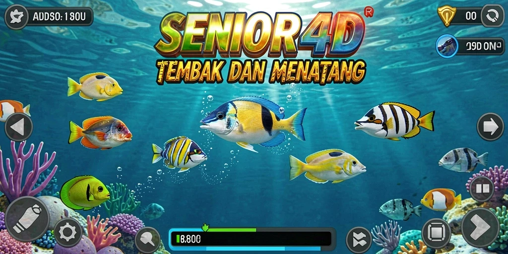 Screenshot gameplay SENIOR4D menampilkan aksi menembak ikan yang mendebarkan.